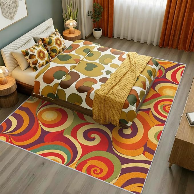 70s Retro Rug 6x9 Swirl Psychedelic Groovy Hippie Pop Pattern Area Rugs for Living Room, Bedroom, 70s Retro Home Decor Accessories Indoor Carpet, Non Slip & Machine Washable, GD0319