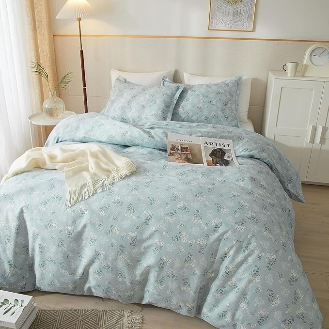 LifeTB Blue Floral Comforter Set King Size Vintage Flower Botanical Comforter with 2 Pillowcases Fluffy Soft Aesthetic Floral Cottagecore Bedding Set Chic Flower Leaves Pattern King Comforter Set
