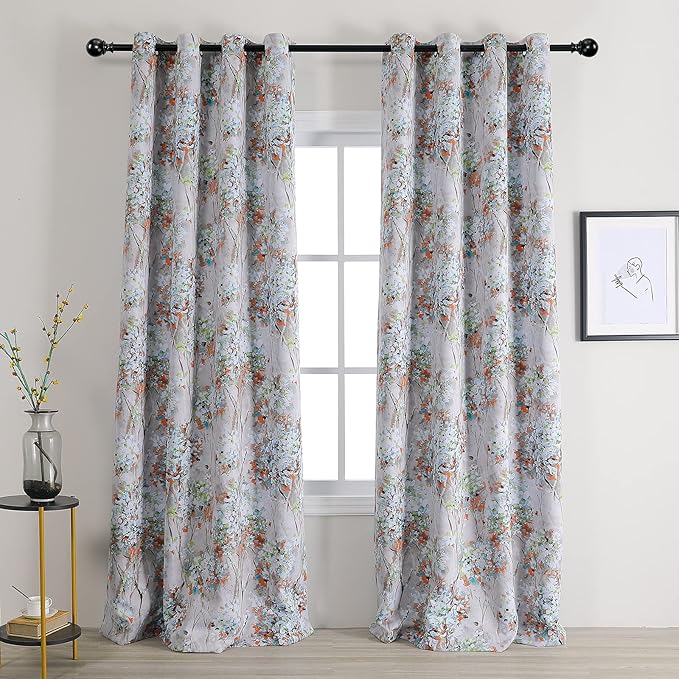 MYSKY HOME Floral Curtains 95 inch Length 2 Panels for Bedroom, Thermal Insulated Living Room Drapes, Vintage Flower Grommet Window Curtains, Orange and Green