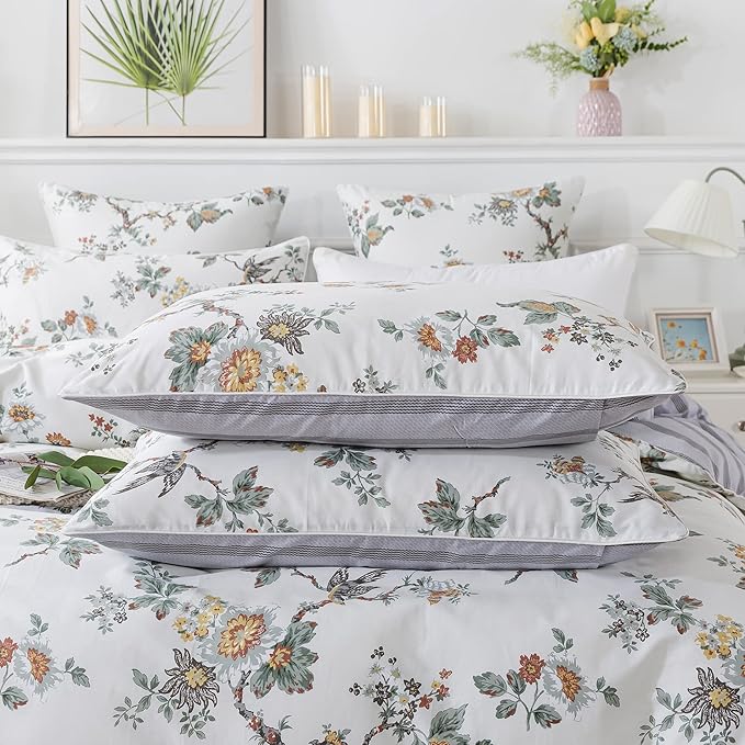 FADFAY Duvet Cover Set Twin Elegant Floral Bedding Shabby Beige Bird Print Flower Quilt Cover Set Vintage Farmhouse Bedding 100% Cotton Soft Comforter Cover Set with Zipper Closure 3Pcs, Twin Size