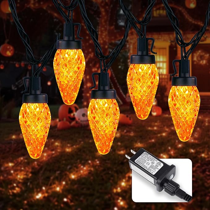 Halloween C9 LED String Lights, 82ft 100 LED Waterproof Strawberry String Light, Plug in Extendable Black Wire Halloween Lights String for Outside Decoration, Orange