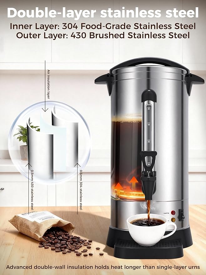 OSTBA 950W Commercial Coffee Urn 50 Cup / 8.3L 304 Stainless Steel Percolator Coffee Pot, Double-Wall Hot Water Dispenser Electric Coffee Maker Fast Brewing for Home, Office, Catering & Small Events