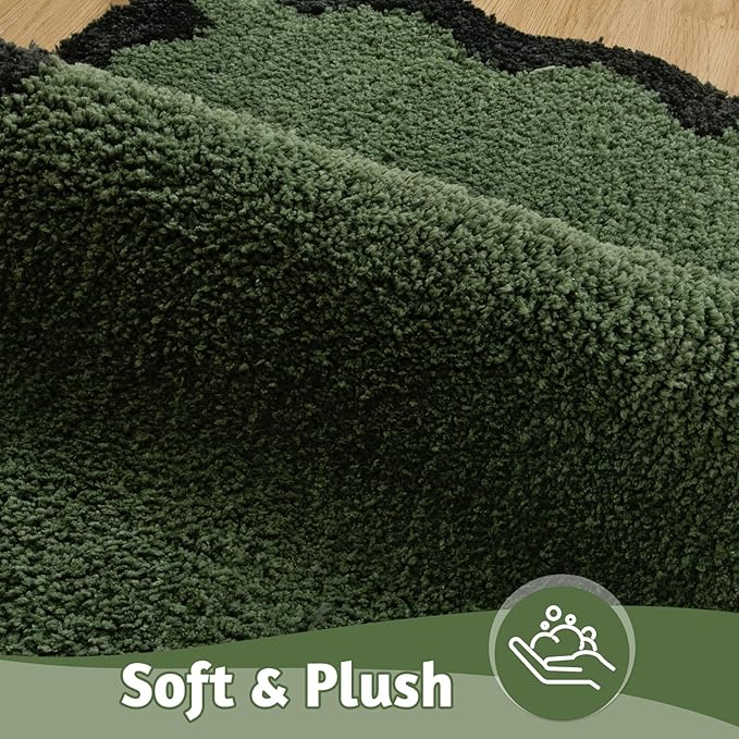 Uphome Bathroom Runner Rug, Green Large Water Absorbent Cute Bath Mat Non Slip Washable, 24x60 Soft Irregular Shaped Shaggy Microfiber Bath Runner Rug for Floor, Bathtub, Bedroom