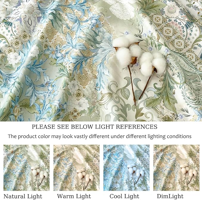 Zusbest Queen Sheet Set Luxury Sage Green Floral Bed Sheets 100% Cotton, Satin Weave Soft Silky Breathable for Hot Sleepers American Country Style Vintage Flower Deep Pocket 17.5‘’ Bed Set 4Pcs