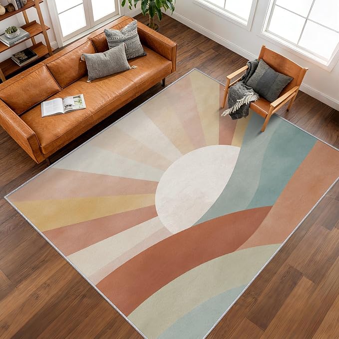 5x7 Boho Sun Rugs for Bedroom Decor, Washable Retro Sunrise Pattern Area Rug, Living Room Home Decoration, Non Slip Soft Thin, Mid Century Modern Decor Carpet PF-P 117