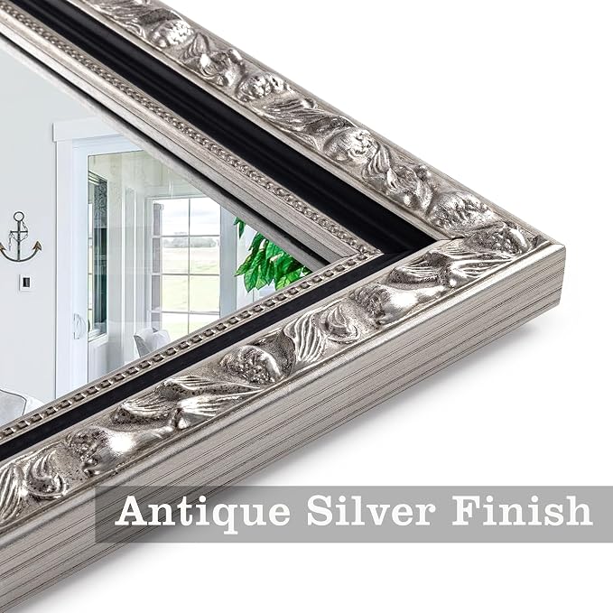 Vintage Large Decorative Mirror for Wall, 52'' x 28'' Antiuqe Dining Room Mirrors with Black Silver Carved Frame, Traditional Solid Wooden Mirror, Horizontal/Vertical