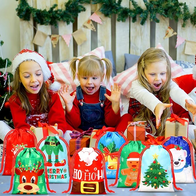 Xuniea 24 Pcs Christmas Party Favors Bags for Kids Drawstring Backpack Santa Claus Goodies Snack Treat Gift Bags Presents Wrapping for Xmas Winter Holiday Birthday Party (5.1 x 7.1 Inch)