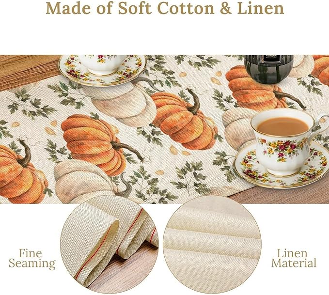 Fall Pumpkin Table Runner White Orange Vegetables Seeds Parsley Watercolor Hand-Painted Illustration Home Decor for Farmhouse Indoor Outdoor Party Holiday Dining Kitchen Restaurant Cafe W13xL72in