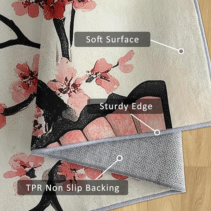 Japanese Cherry Blossom Runner Rug 2x6, Oriental Fan Design, Asian Area Rug Washable Hallway Rugs Non-Slip Floor Carpet Runner for Bedroom, Narrow Hallway, Kitchen Aisle