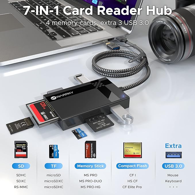 SD Card Reader 7 in 1, WARRKY [Dual Connector USB3.0/USB C, 2.5FT Nylon Cable] Memory Camera Card Adapter Hub for Micro SD/CF/MS/UHS-I, Fit for iPhone 17, Camera, MacBook Pro/Air, Mac, iPad, Android