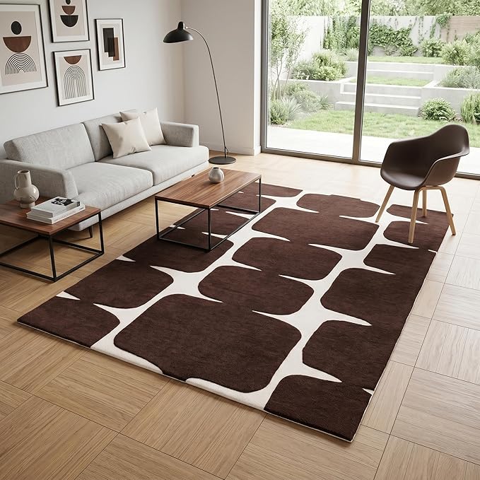 Restoration and Renovation Modern Wool Area Rug - Contemporary Abstract Geometric Design, Thick & Soft Hand-Tufted Carpet - Ideal for Indoor Decor in Living Room, Bedroom (Brown, 10' x 14')