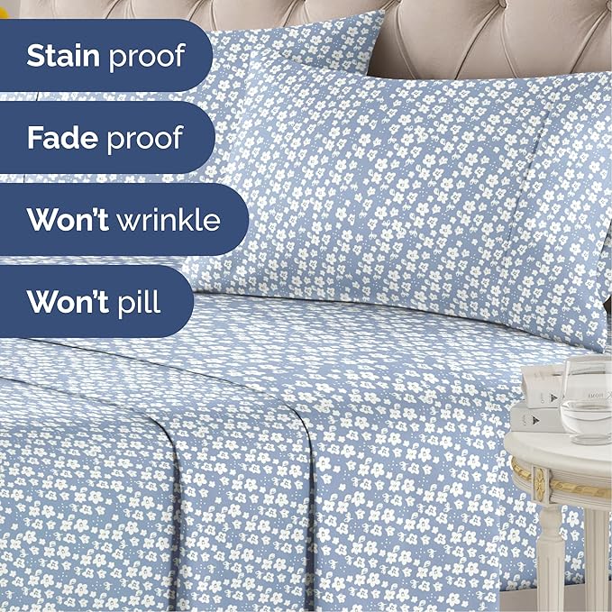 Floral Sheets - Blue Floral Bed Sheet Set - 1 Flat, 1 Fitted & 1 Pillowcase w/ Deep Pockets - Comfy, Wrinkle & Fade Free - Boho Botanical Bedding - Ultra-Soft, Breathable and Cooling - Twin Size Set