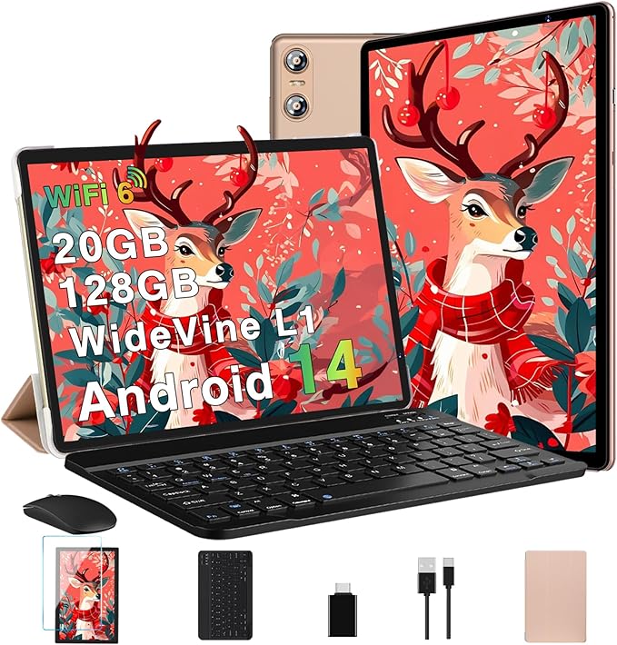 2025 Tablet, 10 Inch Android Tablet 20GB RAM+128GB ROM+1TB Expand, Octa-Core Android 14 Tablets with Keyboard, Mouse, HD IPS Touchscreen, 6000mAh, BT 5.0, WiFi 6, Widevine L1, Split Screen -Rose Red