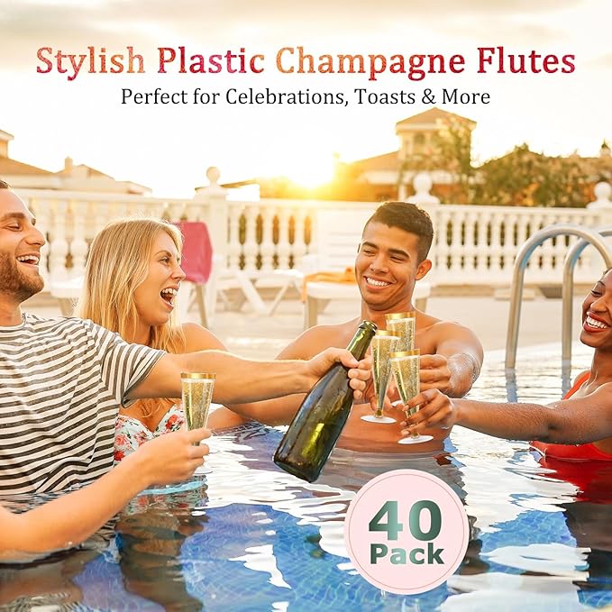 40 Pack Plastic Champagne Flutes Gold Rim Disposable Champagne Glasses, 4.5 Oz Mimosa Glasses Bulk Cocktail Toasting Cups for Party Supplies Wedding Bride Bar, Copas De Plastico Para Brindis
