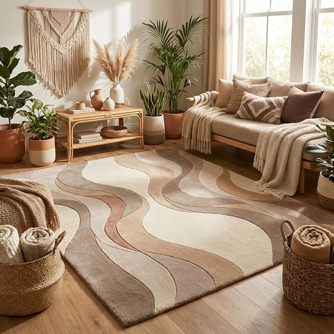 Geometric Multicolor Hand Tufted Wool Area Rug Modern Style Curve Pattern Warm Backing Floor Rug for Bedrooms Lounge Entryways & Gallary 5x5 Feet