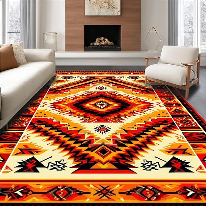 Flatwoven High Traffic Area Rug 5x7, Vintage Aztec Adventure Rug, Non Slip, Stain Resistant, Washable Area Rugs for Living Room, Bedroom (Red, 5x7)