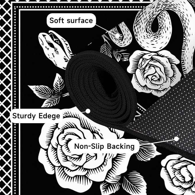 5'x7' Gothic Snake and Rose Area Rug Black and White Floral Vine Floor Mat Retro Boho Carpet Washable Low Pile Indoor Rugs for Entryway Bedroom Living Room Kitchen Home Decor