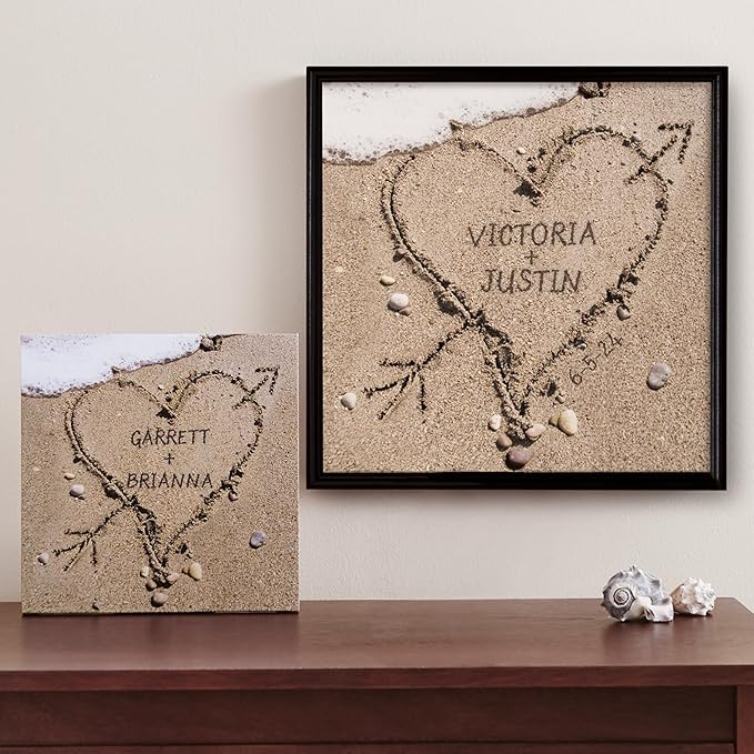 Let's Make Memories Personalized Canvas Wall Art For Couples - Engagement, Wedding, Newlyweds, Anniversary - Home Decor - Heart in Sand - Framed Canvas - 11x11
