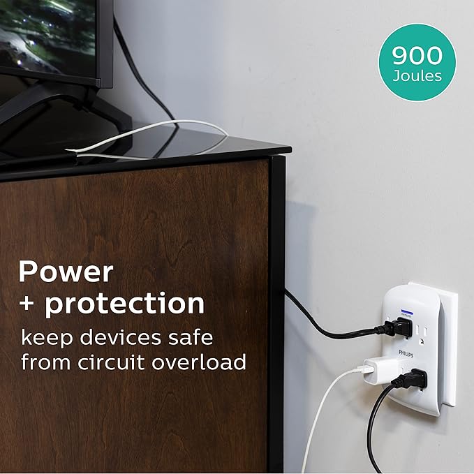 Philips 6-Outlet Extender Surge Protector, 2 Pack, Wall Tap, 900 Joules, 3-Prong, Space Saving Design, Protection Indicator LED Light, ETL Listed, White, SPP3466WA/37