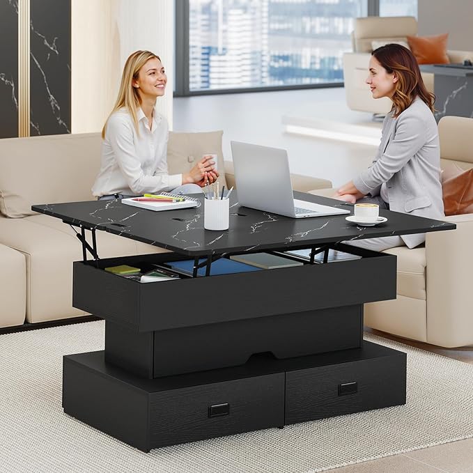Turosur 40" Lift Top Coffee Table, LED Coffee Tables with Storage and 4 Drawers, Coffee Table with Lifting top for Living Room Home Office, Black