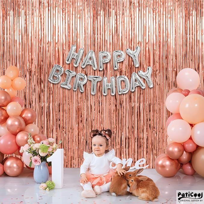 Thicken Rose Gold Streamers 4 Pack 3.2 x 8.2 FT, Tinsel Backdrop Curtains, Birthday Decorations for Women Girls, Foil Fringe Photo Backdrop for Bridal Shower, Baby Shower Party Decorations