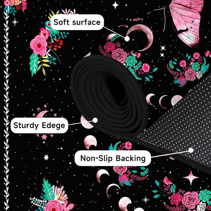 Pink Butterfly Area Rug 3'x5' Moon Phase Floral Rugs for Entryway Bedroom Living Room Kitchen Home Decor Boho Gothic Butterfly Carpet Non-Slip Washable Floor Mat