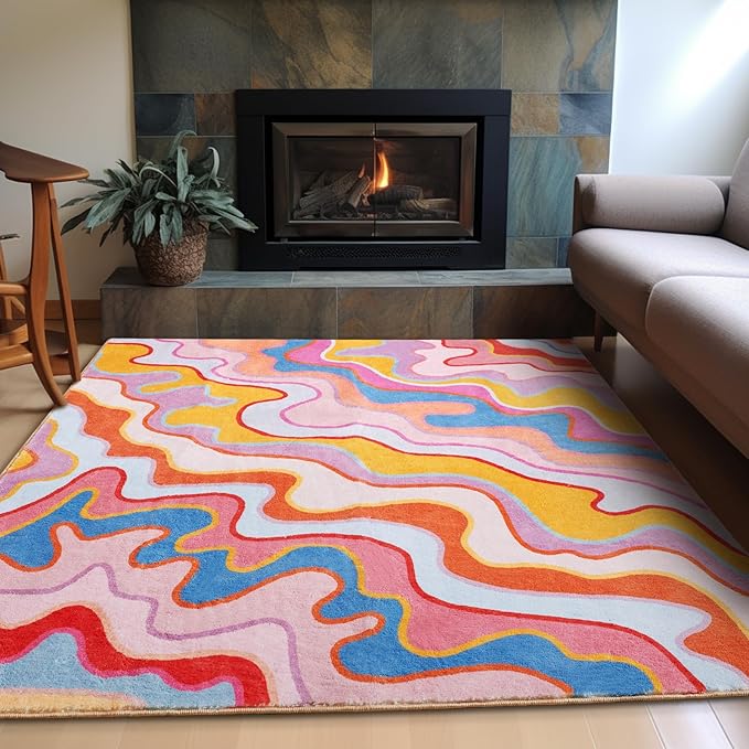 Colorful Abstract 8x10 Area Rug Ultra Thin Flatweave Funky Aesthetic Colorful Striped Living Room Rug Orange Blush Washable Carpet for Nursey Entryway Bedroom Dining Room Dorm Office