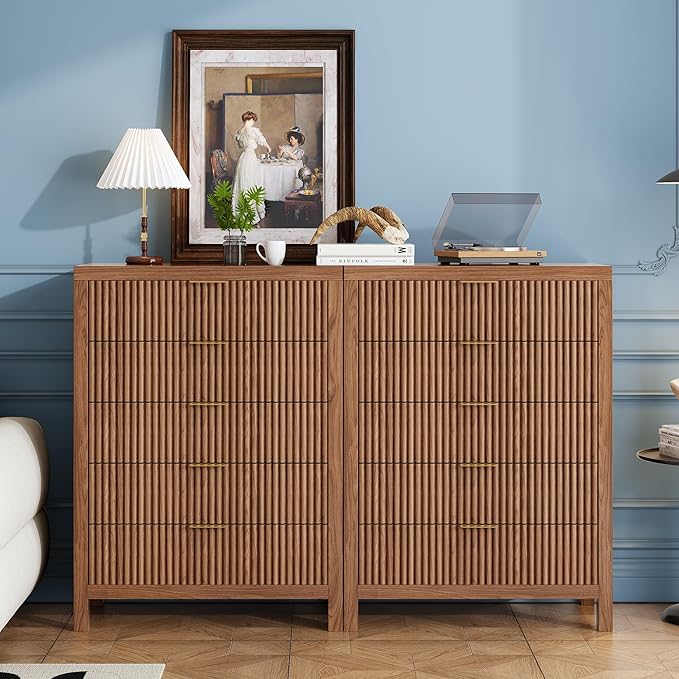 JZXSHD 5 Drawer Dresser, 43" Tall Dresser Organizer TV Drawer Cabinet Modern Wood Storage Cabinet, Modern Wood Storage Cabinet for Bedroom, Hallway, Entryway, Walnut Oak X 2