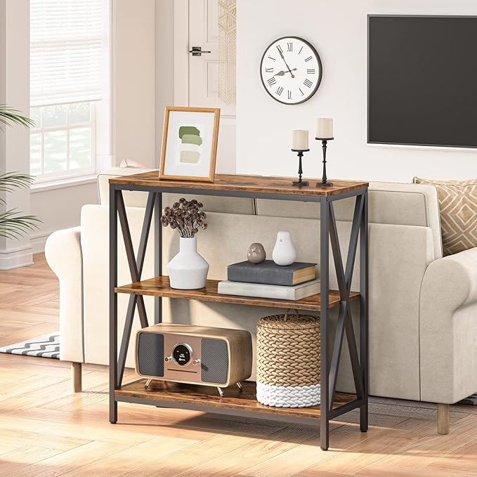 Sofa Table, Industrial Console Table, 3-Tier Narrow Side Table with Open Shelves, Foyer Table for Entryway, Hallway, Kitchen, Living Room and Bedroom, Easy Assembly, Rustic Brown CTHR8001Z