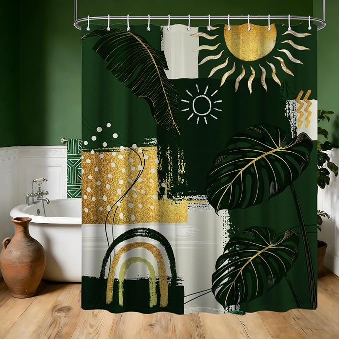 Green and Gold Mid Century Modern Shower Curtain Bohemian Abstract Shower Curtains for Bathroom Decor Sets, Waterproof Cloth Fabric with Hooks, 70x78 Inch