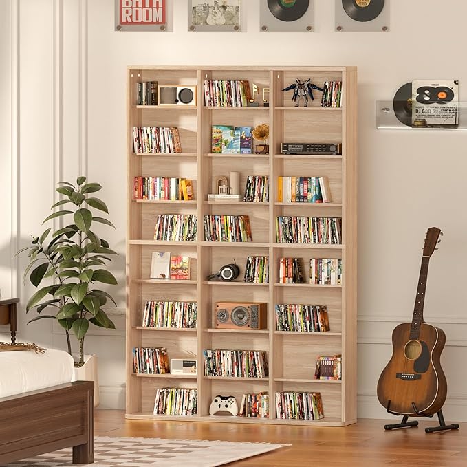 LELELINKY 8 Tier Tall Display Cabinet, Natural Media Storage Cabinet with Adjustable Shelves, Free Standing DVD Organizer Shelf, Floor multimedia storage manga bookshelf for Living Room & Home Office.