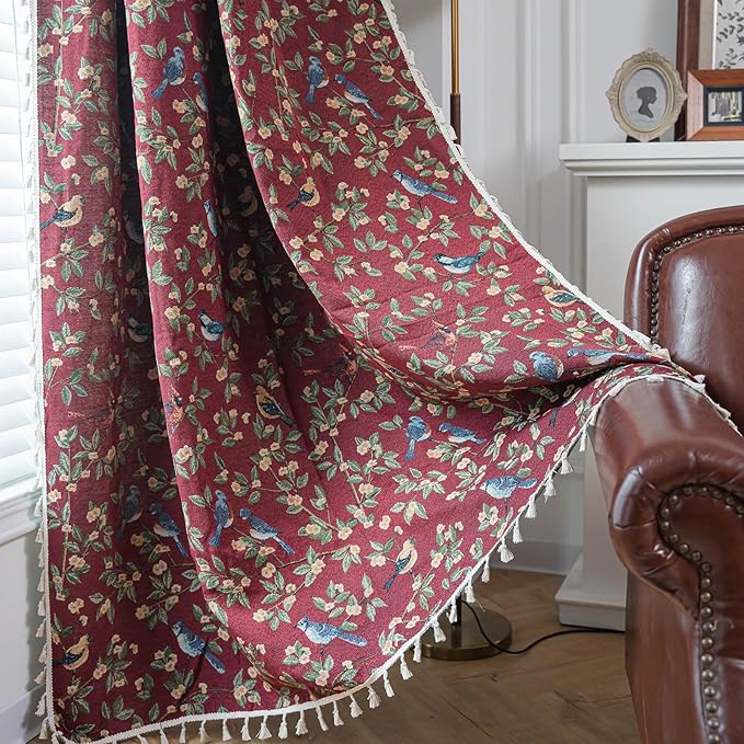 ENJOYBRIDAL Floral 84 Inch Curtains for Living Room Maroon Drapes Bird Pattern Jacquard Rod Pocket Window Curtain Panels Bedroom Farmhouse Decor Boho Tassel Semi Blackout 2 Panels Window Treatments