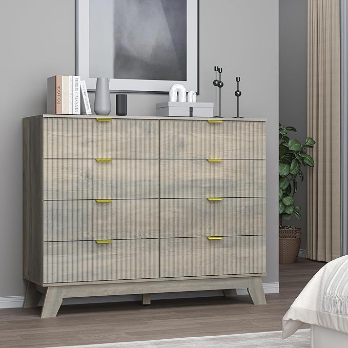 BORNOON Fluted 8 Drawer Tall Dresser, 47.2" Wide Modern Boho Chest of Drawers, Wooden Storage Dresser TV Stand for Bedroom, Living Room, Closet, Hallway, Curved Profile Design