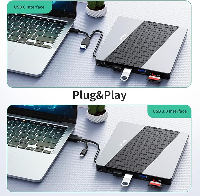 External CD DVD Drive, USB 3.0 USB C Portable CD DVD +/-RW Burner DVD Player for Laptop with SD/Micro SD Card Reader 8 in 1 Hub Compatible with Laptop Mac PC Windows Linux