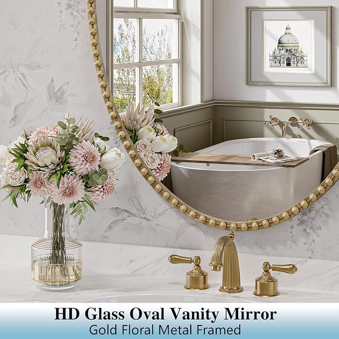 Gold Oval Bathroom Mirror, 40x30 Inch Floral Oval Mirrors for Wall, Antique Gold Metal Floral Frame Mirrors for Bedroom Living Room Hallway, Hangs Horizontally or Vertically