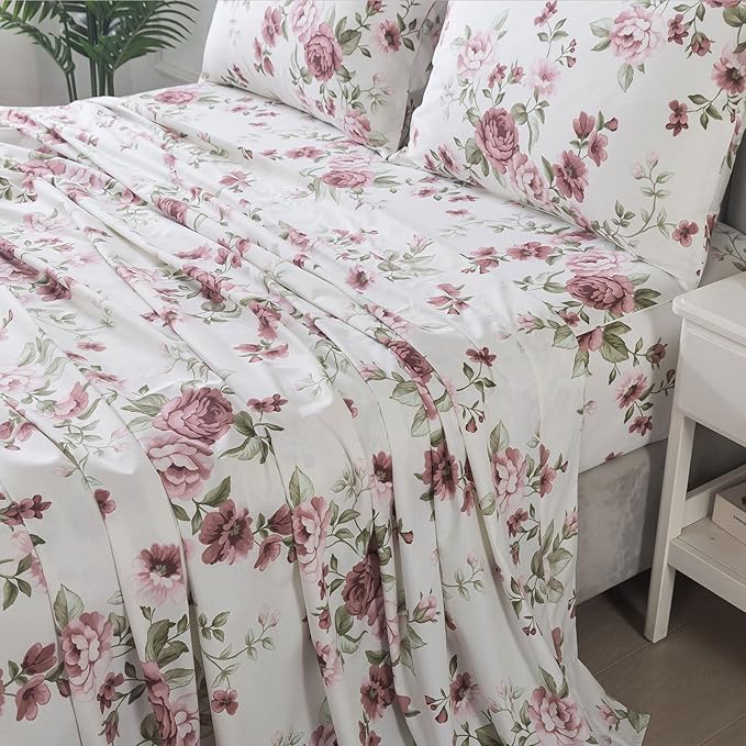 FADFAY Beige Vintage Floral Twin XL Size Sheets Set Premium 100% Cotton Shabby Brick Red Rose Pattern Bedding Set Deep Pocket Sheets with 2 Pillowcases Luxury Breathable Soft 4Pcs, Twin Extro Long