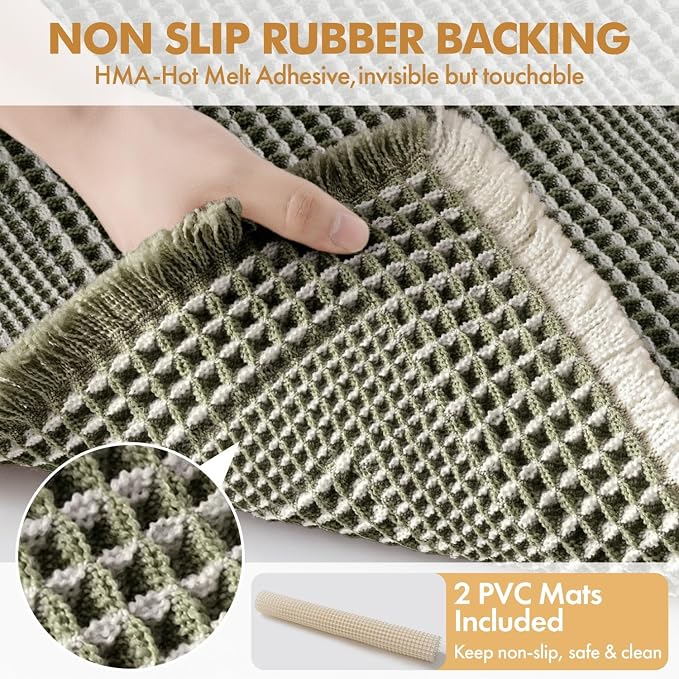 MIULEE Set of 2 Waffle Bathroom Rugs, Boho Bath Rug Super Absorbent, Non Slip Washable Ultra Soft Rubber Backed Shower Bath Mats for Floor, Tub, Shower, Looped Design, Green & Cream, 24x36 Inch