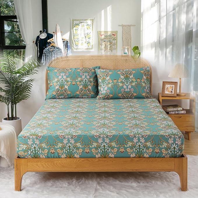 Zusbest Full Size Bed Sheet Set Shabby Vintage Floral Sheets Percale Cotton Chic Teal Blue Orange American Country Style Bedding Luxury Boho Soft Breathable Crisp Bed Deep Pocket Fitted Sheet 4 Piece