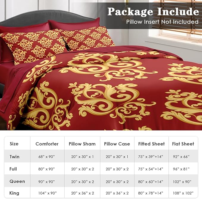 Comforter Set Twin Size, Vintage Floral Gold 5 Pcs Bedding for Kids and Adults, Medieval Burgundy Red Bed Sheet Sets with Fitted Sheet Pillowcase & Sham for Bedroom Bed Decor