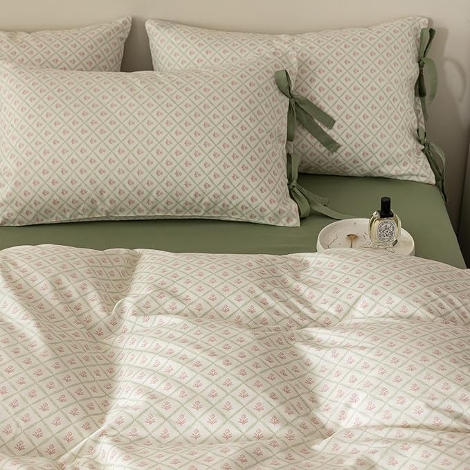 LifeTB Full Comforter Set Pink Flower Comforter with 2 Bowknot Pillowcases Chic Plaid Grid Prints Floral Bedding Comforter Boho Farmhouse Bedding Set French Country Style Botanical Comforter Set