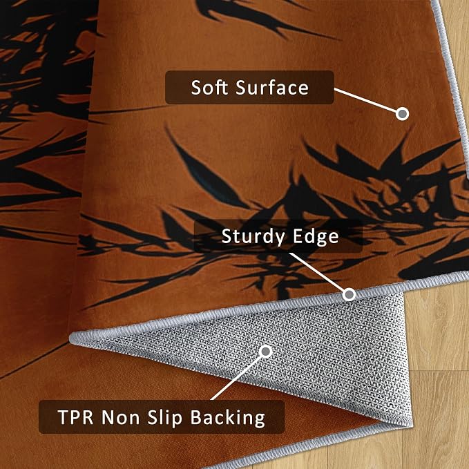 Oriental Bamboo Runner Rug 4x11, Full Moon Sunset Design, Asian Zen Nature Area Rug, Washable Non-Slip Floor Carpet Runner for Bedroom, Dining Room, Living Room Aisle