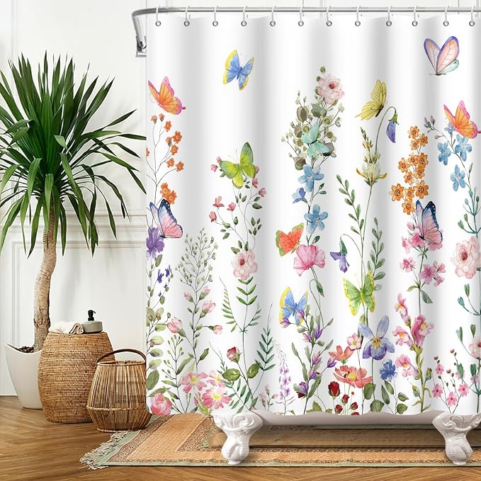 Spring Floral Butterfly Shower Curtain Summer Colorful Wildflowers Botanical Shower Curtain for Rustic Vintage Bathroom Decor Easter Shower Curtain Set 72x78 Inches