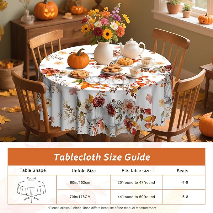 Eikione Thanksgiving Tablecloth, Round Fall Tablecloth 70 Inch, Pumpkin Table Cloth, Autumn Harvest for Christmas, Holiday, Birthday,Thanksgiving Decor