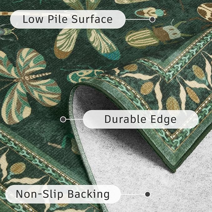 DCX 8x10 Washable Insect Rug, Vintage Gothic Dark Green Rug with Non-Slip Rubber Backing, Soft Low-Pile, Stain-Resistant, Kid & Pet Friendly, for Living Room, Bedroom, Office, and Nature-Themed Decor