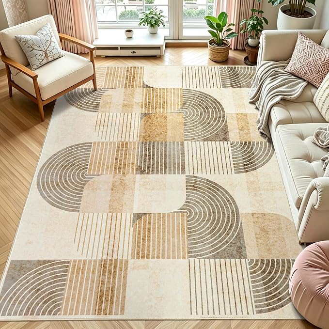 Area Rugs 5x7 Living Room -Washable Modern Geometric Neutral Beige Rug for Bedroom, Soft Non-Slip Indoor Floor Abstract Carpet for Dining Room Nursery Office