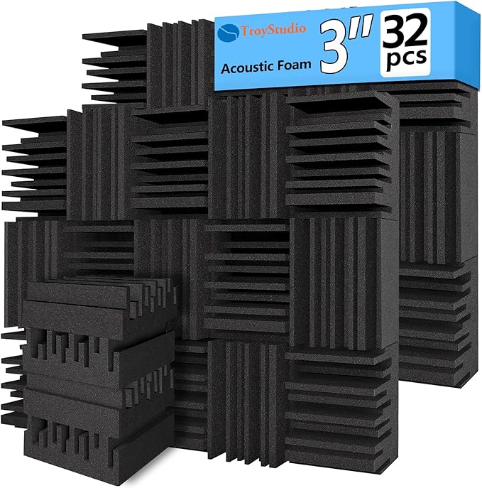 TroyStudio Thick Acoustic Foam Panels, 12 X 12 X 3 Inch 32 Pcs Broadband Sound Absorbing Foam, Dense Soundproof Padding Tile, Recording Studio Foam Absorber, Groove Decorative 3D Wall Ceiling Panel