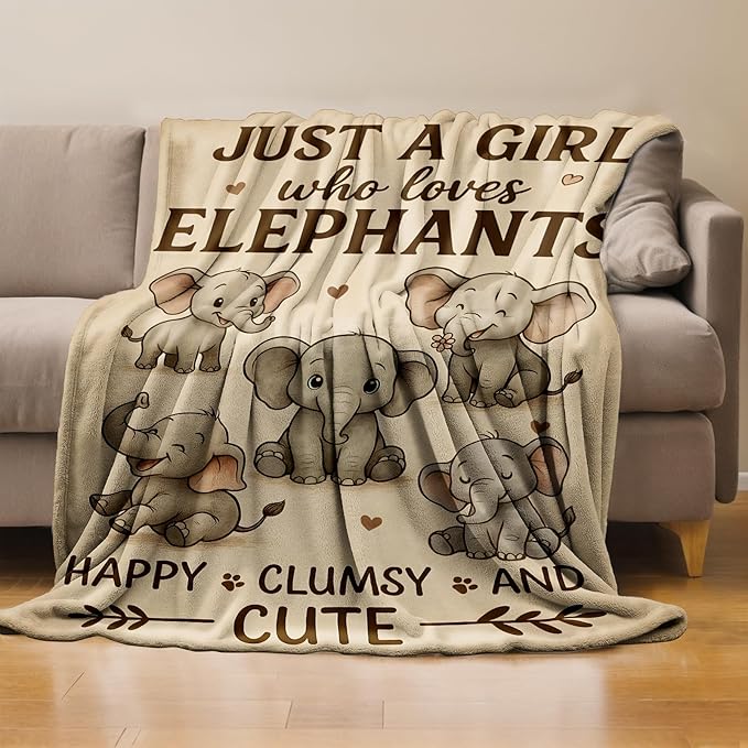 Elephant Throw Blanket Gifts for Boys Girls Kids Adults, Just a Girl Who Loves Elephants Flannel Blankets for Travel Sofa Living Room Decor 60"X80"