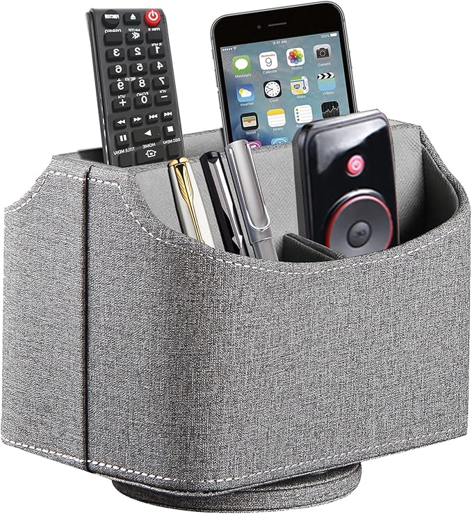 RHCSZ Leather Remote Control Holder 360 Degree Spinning, Desk Organizer for TV Remote Controllers, Caddy,Pen,Calculator,Media Player Storage box (Grey)