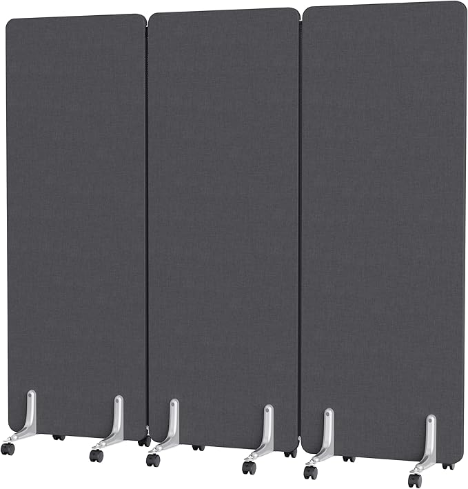 70.8" W x 63" H Freestanding Partition Room Dividers, Acoustic Panels with Wheels, 3 Soundproof Privacy Panels for Office, Reception Room, School, Hospital, Dark Grey