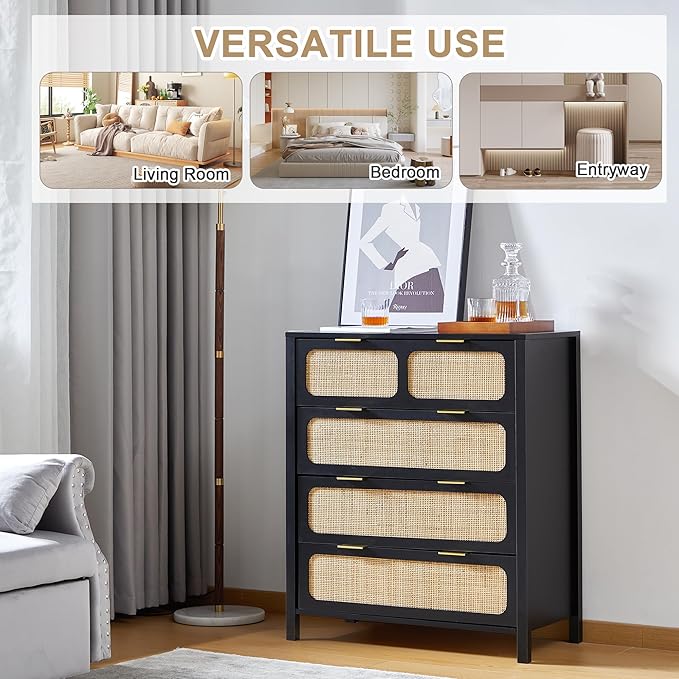 LEVNARY 4 Drawer Dresser Set of 2, Rattan Dressers Storage Cabinet with Metal Handles, Wooden Chest of Drawers Dresser for Bedroom, Entryway, Living Room, Hallway (2, Black)